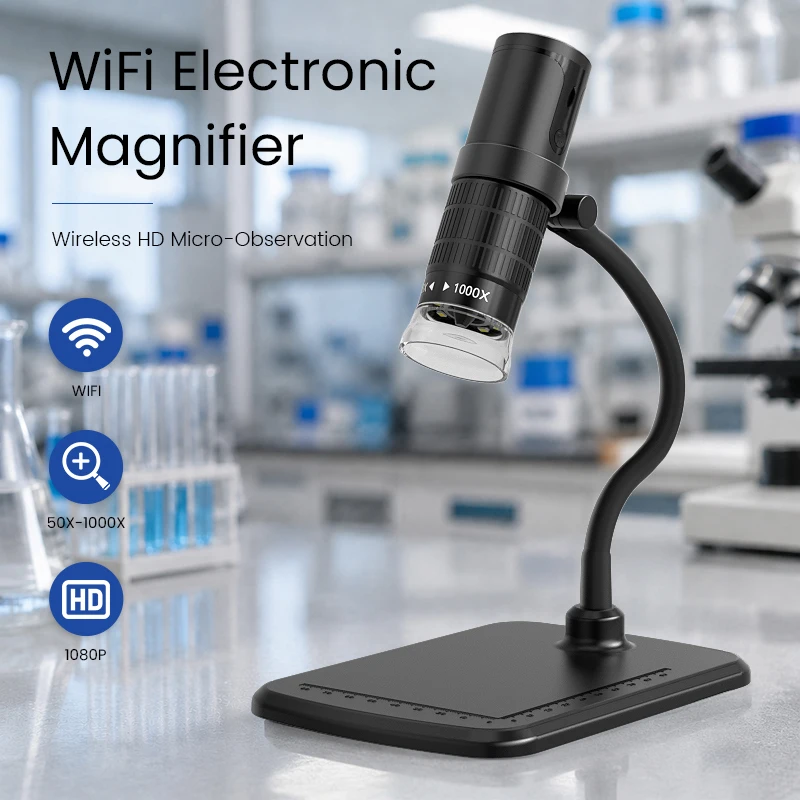 WIFI Microscope Camera Pocket Video Microscope with Stand 8LED Digital 50-1000X Magnification Electronic Magnifier for Phones PC