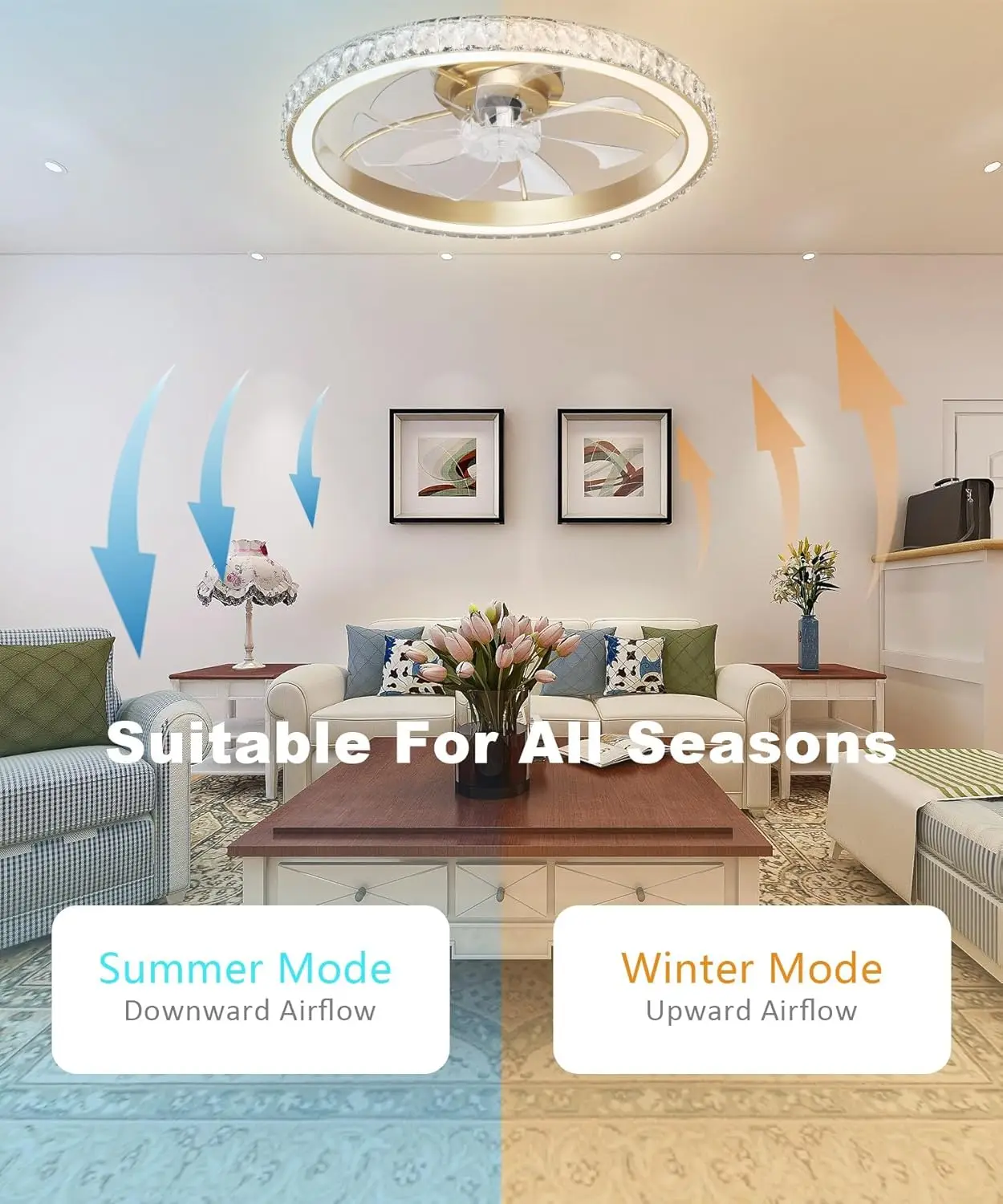 Low Profile Modern Crystal Chandelier Ceiling Fans with Lights and Remote, 3000K-6500K Smart Bladeless LED Fan Light, 26"