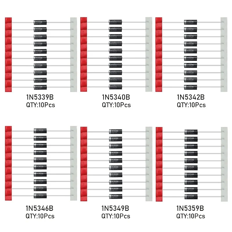 AUKENIEN 5W Zener Diodes Assortment 6 Value 60 Pieces 1N5339B 1N5340B 1N5342B 1N5346B 1N5349B 1N5359B Zener Diodes Assorted Kit
