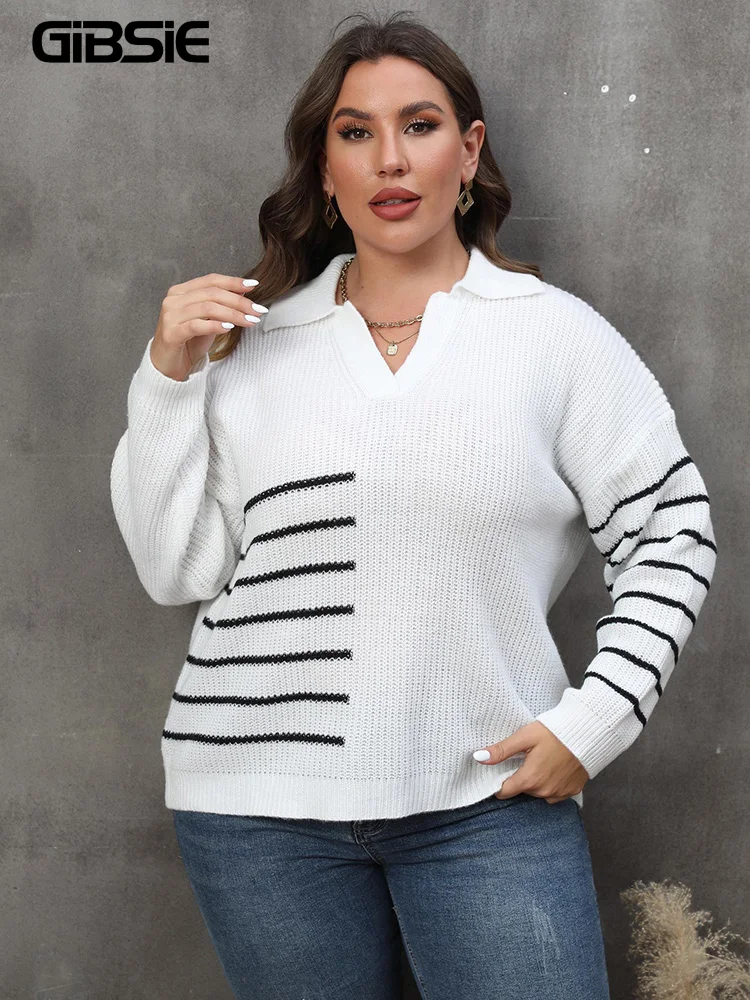 Gibsie Plus Size Gestreepte Gebreide Trui Trui Dames 2023 Herfst Winter Casual Lange Mouw Zwart Wit Truien