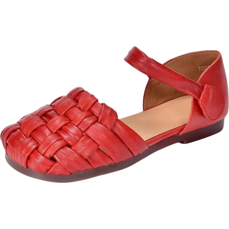 Women Handmade Woven Closed Toe Sandals Summer New Soft sole Hollow Out Cover Heel Velcro Flat Sole Casual Sandal Elderly Sandal