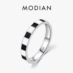 Modian 925 Sterling Silver Minimalist Black And White Grid Enamel Trendy Ring For Women Unique Original Design Ring Fine Jewelry