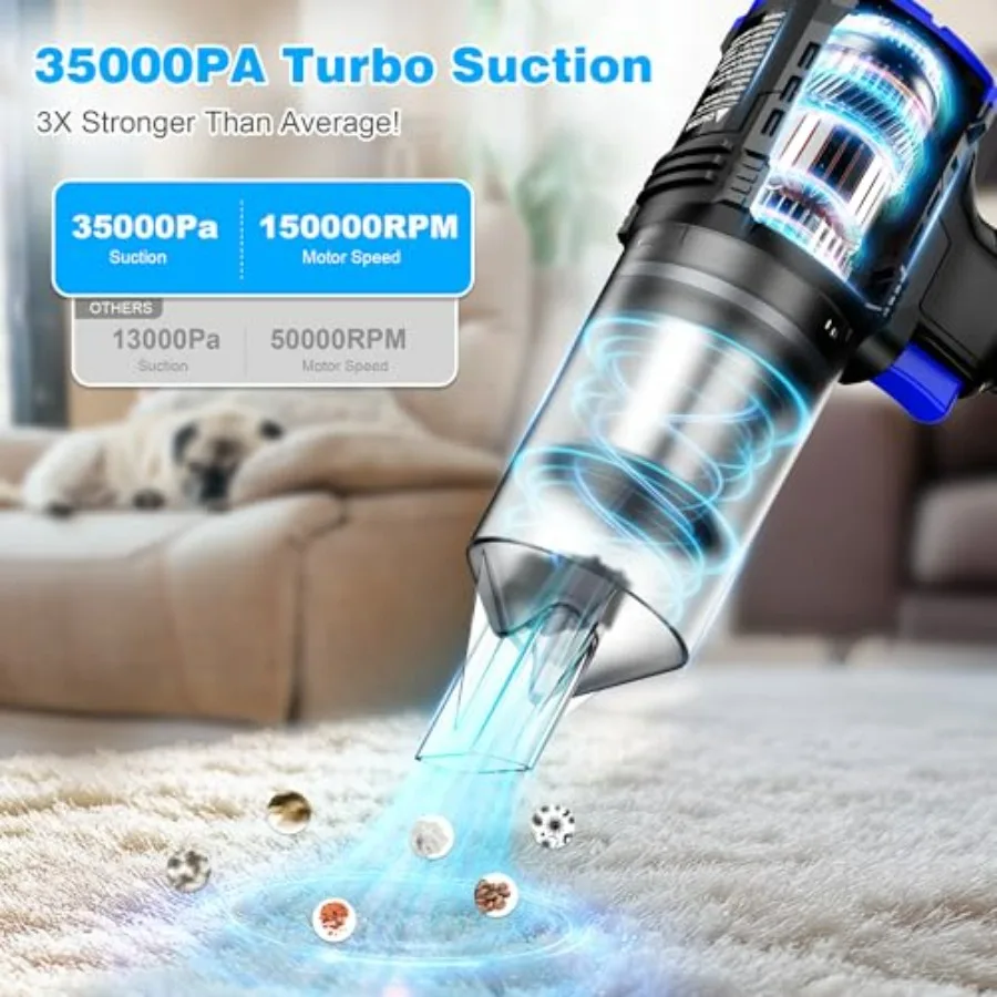 Car vacuum cordless for car detailing, pet hair, home couch office; ABS plastic, black; 35000PA strong suction, 60min runtime,
