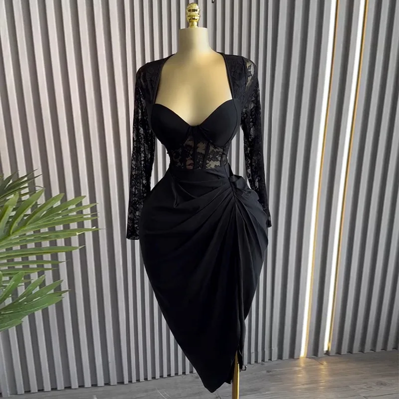 Abito longuette aderente primaverile Abito da donna elegante di media lunghezza con scollo quadrato in pizzo a maniche lunghe a vita alta