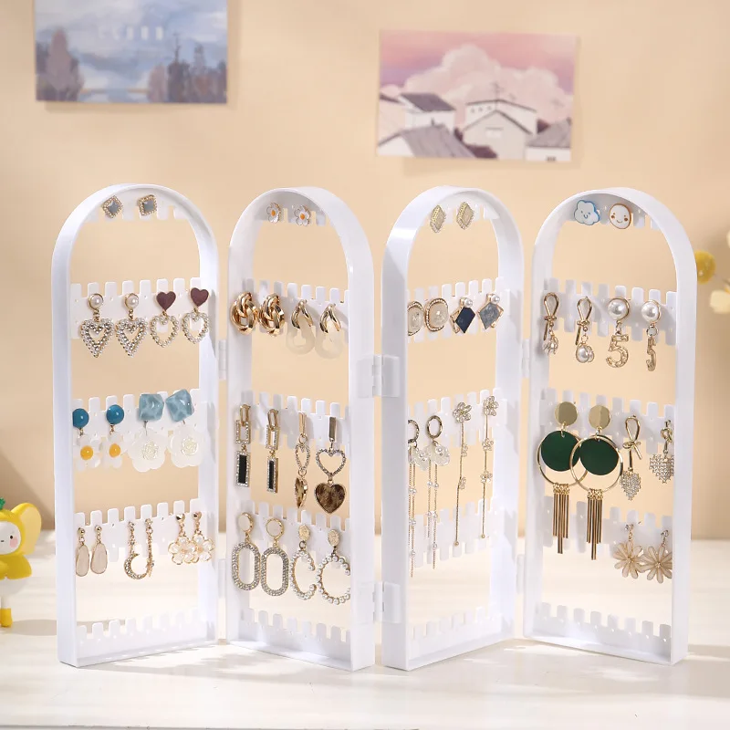 Folding Earrings Studs Display Rack 2-6 Fans Panels Screen Organizer Storage Box Necklace Jewelry Shelf Stand Holder