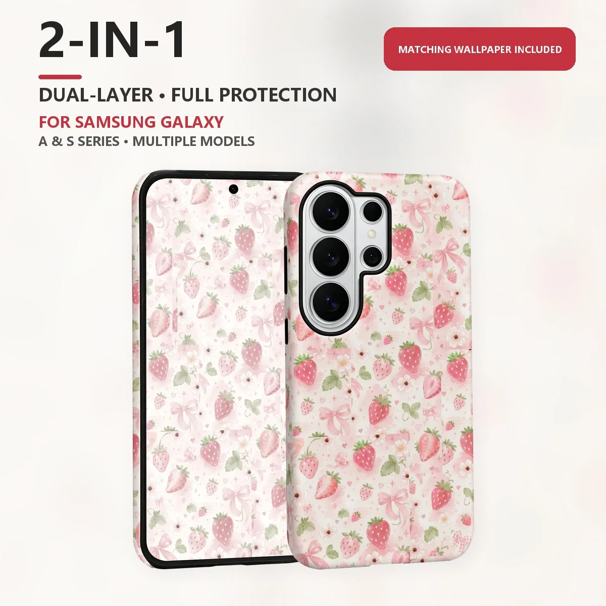 Watercolor Strawberry Pattern 2-in-1 Dual-Layer Phone Case for Samsung Galaxy S26 S25 S24 Plus Ultra FE S20 FE A56 A17 A16 A15