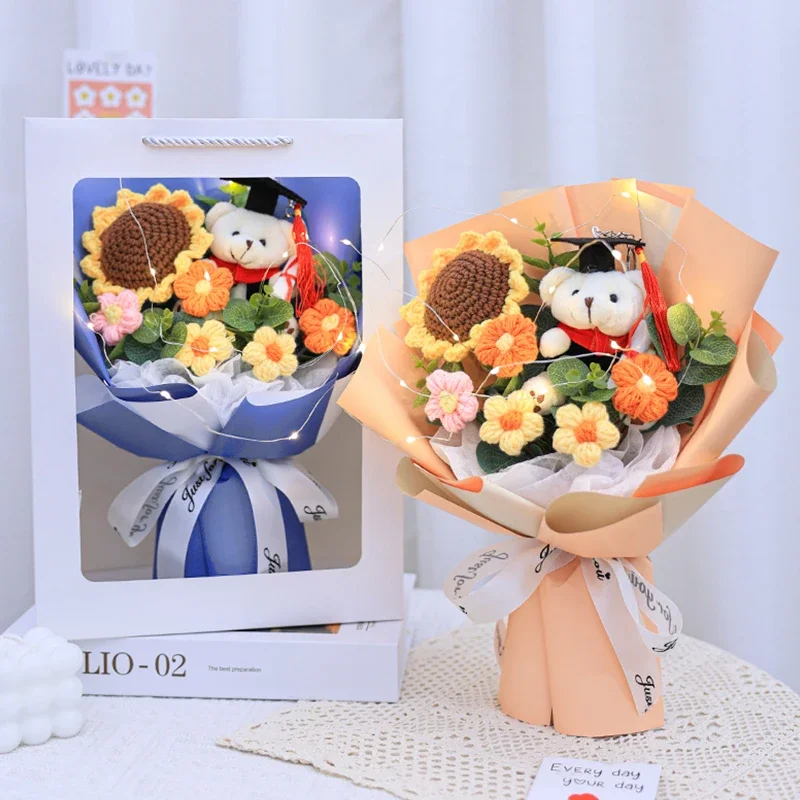 LED Crochet Flower Bouquet Graduation Bear Sunflowers Bouquet Wedding Gift for Guests Eternal Flower Valentines Day Gifts 꽃