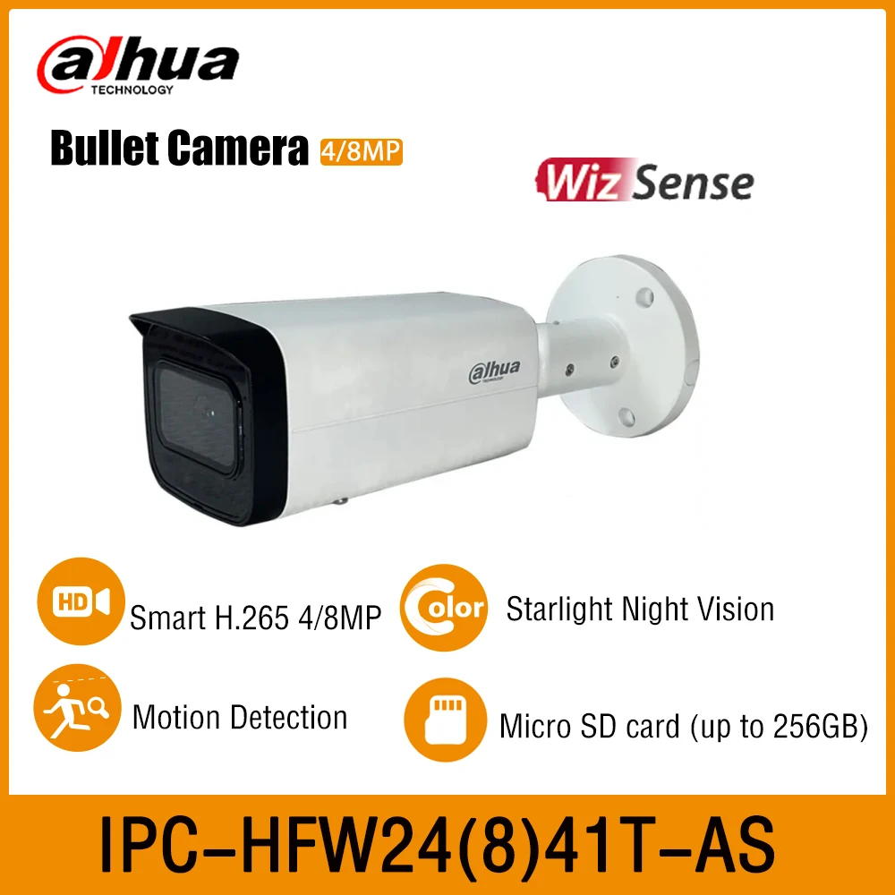 Dahua IPC-HFW2441T-AS 4MP IPC-HFW2841T-AS 4K 8MP IR 80m Outdoor Bullet WizSense Network Security Camera Alarm&Audio built in MIC