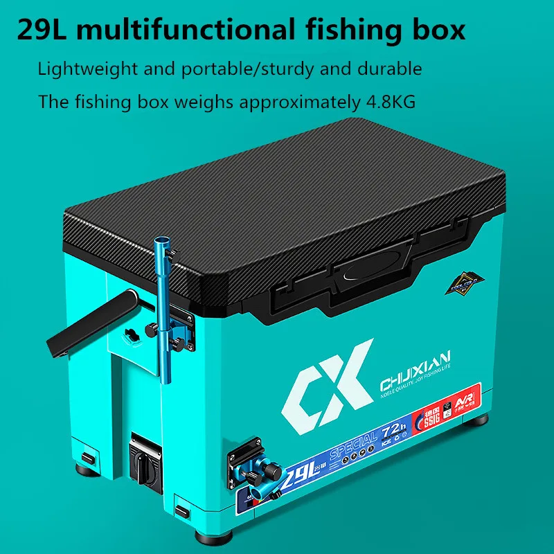 Cubo de pesca multifuncional con asiento y plataforma portacebos