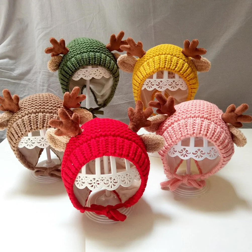 

1pc Baby Winter Knit Hat Fleece Lined Warm Christmas Design Antler Yarn Cap For Toddler Outdoor Indoor Newborn Gift Accessory