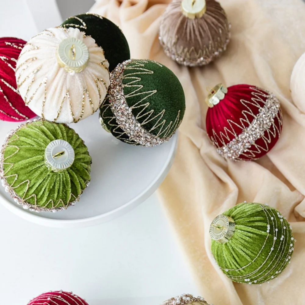 Colgantes de árbol de lentejuelas, adornos de bolas de Navidad ecológicos, adornos de Navidad flocados, decoraciones colgantes de vacaciones de tacto suave