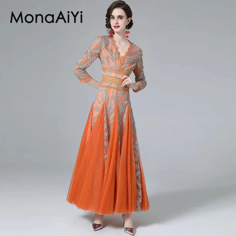 MonaAiYi-vestido de baile vintage para mulheres, vestido bordado, vestido oco, decote em v, manga três quartos, ocasião formal, outono