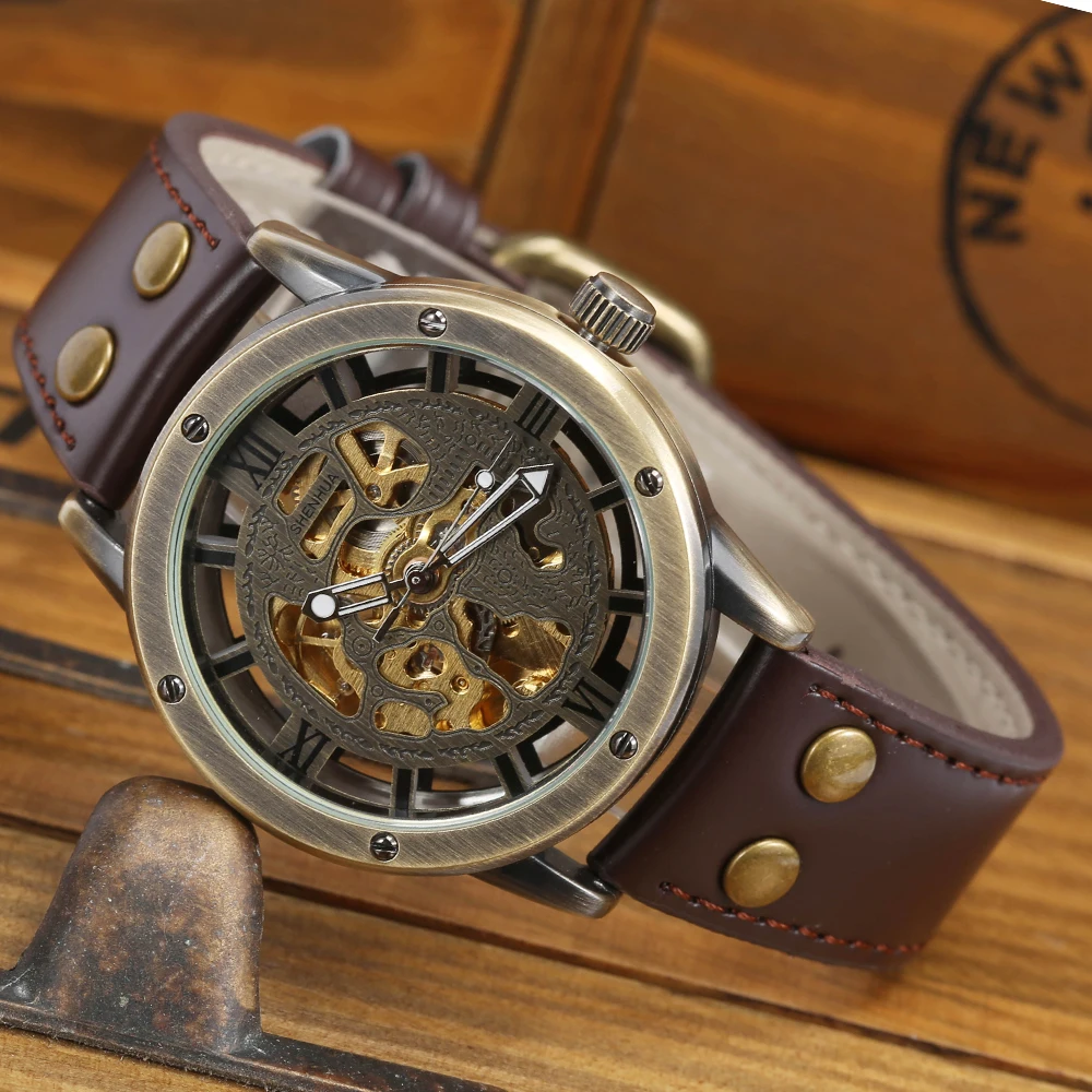 Automatic Mechanical Watch Men Retro Luxury Leather Sport Watch Steampunk Skeleton Self Winding Watches Gifts Relogio Masculino