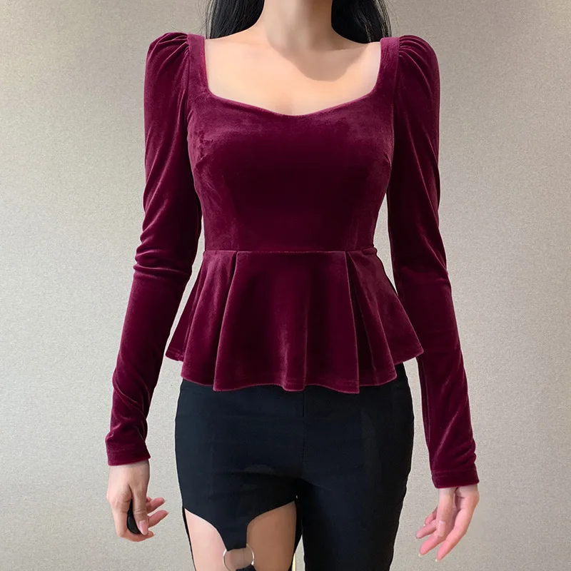 Slim-fit Temperament Top Fashion Square Neck Hem Long-sleeved Top Velvet Puff Sleeve Tight-fitting Ladies T-shirt Sexy Ladies