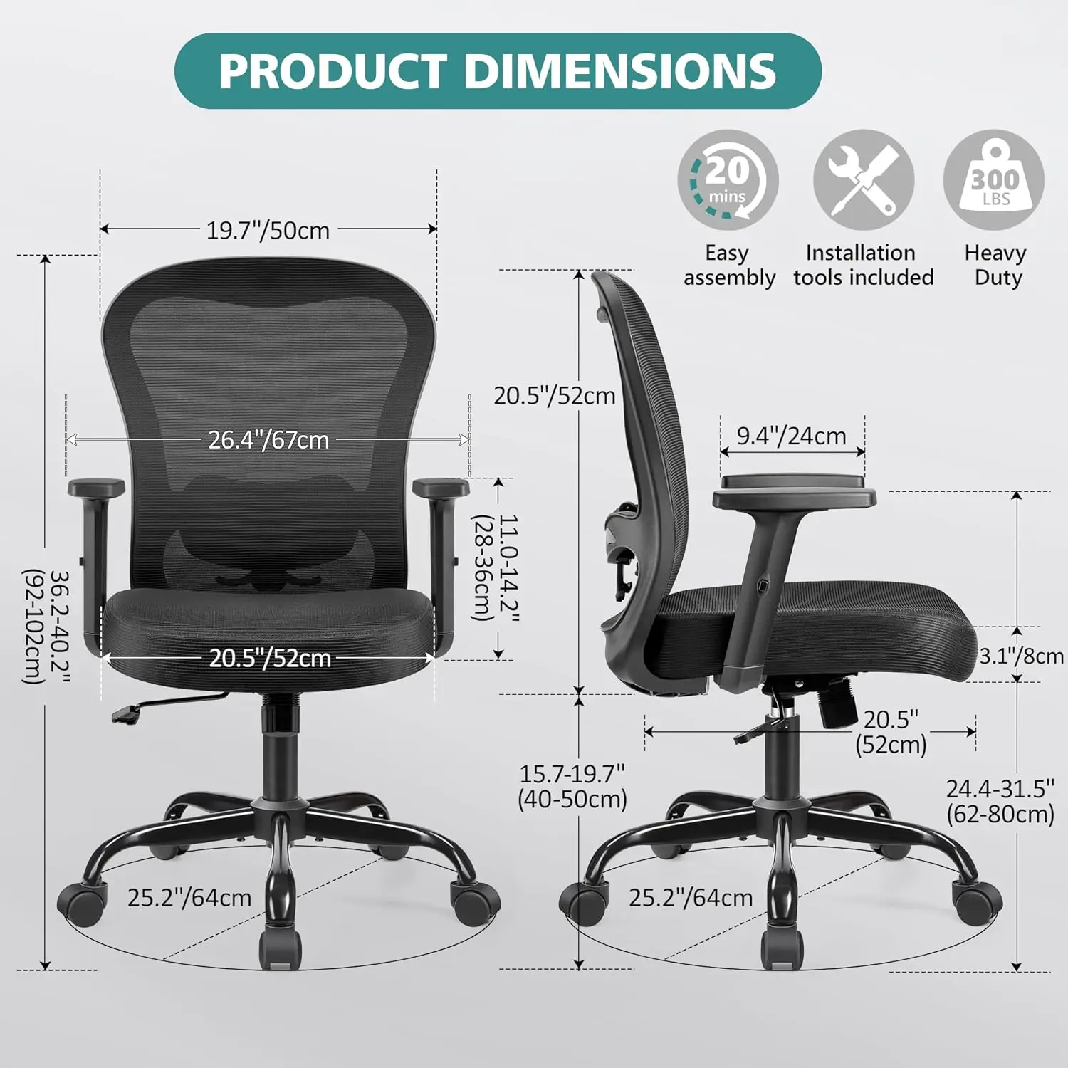 Chaise de Bureau Ergonomique à Dossier Haut, en Maille Respirante, avec Support Lombaire Réglable, Accoudoirs OJ