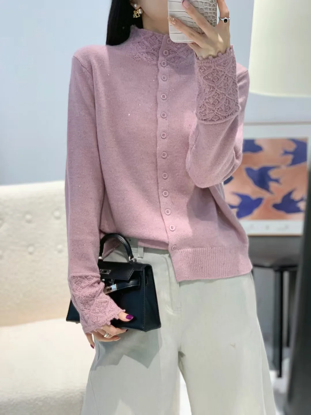 

Autumn Winter Knitted Long Sve Cardigan Women's Outerwear Loose Fit Bear Velvet Floral Embroidery Open Front Warm Top