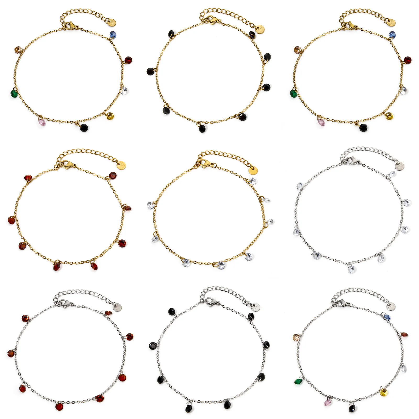 1 Piece 304 Stainless Steel Link Cable Chain Anklet Multicolor Rhinestone For Women Party Fashion Bracelets Gift 22cm(8.7