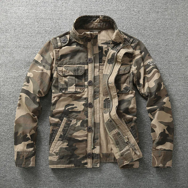 Camo Military Denim Jackets Men Outdoor Multi-pocket Wear-resistant Cargo Windbreaker Coats Autumn Cotton Army Tactical Jacket