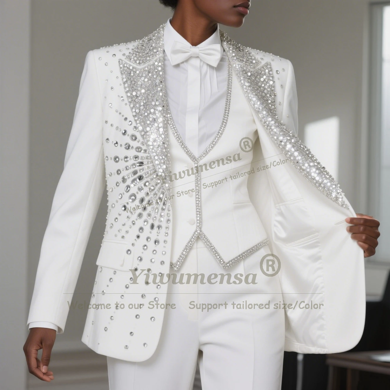 Sparkly Sequin Women Suit Sets Formal Beaded Jacket Vest Pants 3 Pcs Lady Business Party Tuxedo Blazer Customized Female Outfits