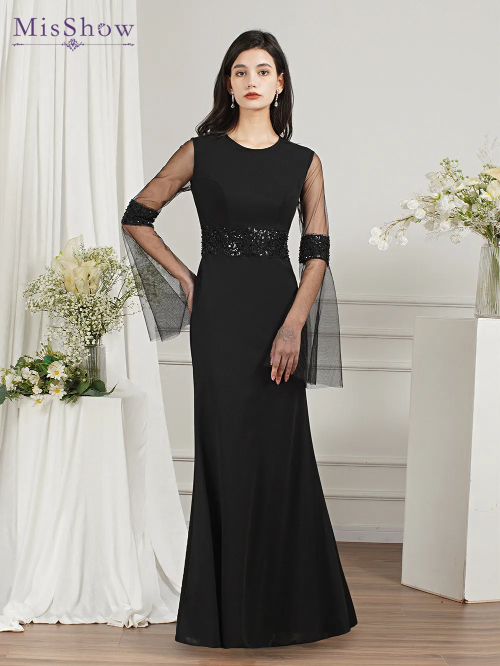 MisShow Gothic Flace Sleeve Black Mermaid Long Dresse for Women Luxury Sequins Belt Tulle Maxi Party Dresses Vesitdos Largo