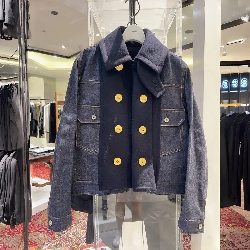 SAC splicing contrasting color loose casual woolen denim jacket