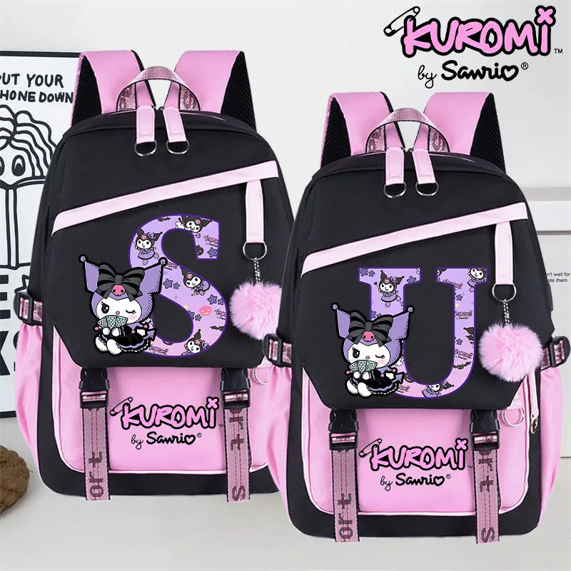 Sac à dos grande capacité Sanrio Kuromi pour étudiants, cartable imprimé lettres de dessins animés, sac de rangement tendance pour livres et fournitures scolaires, cadeau