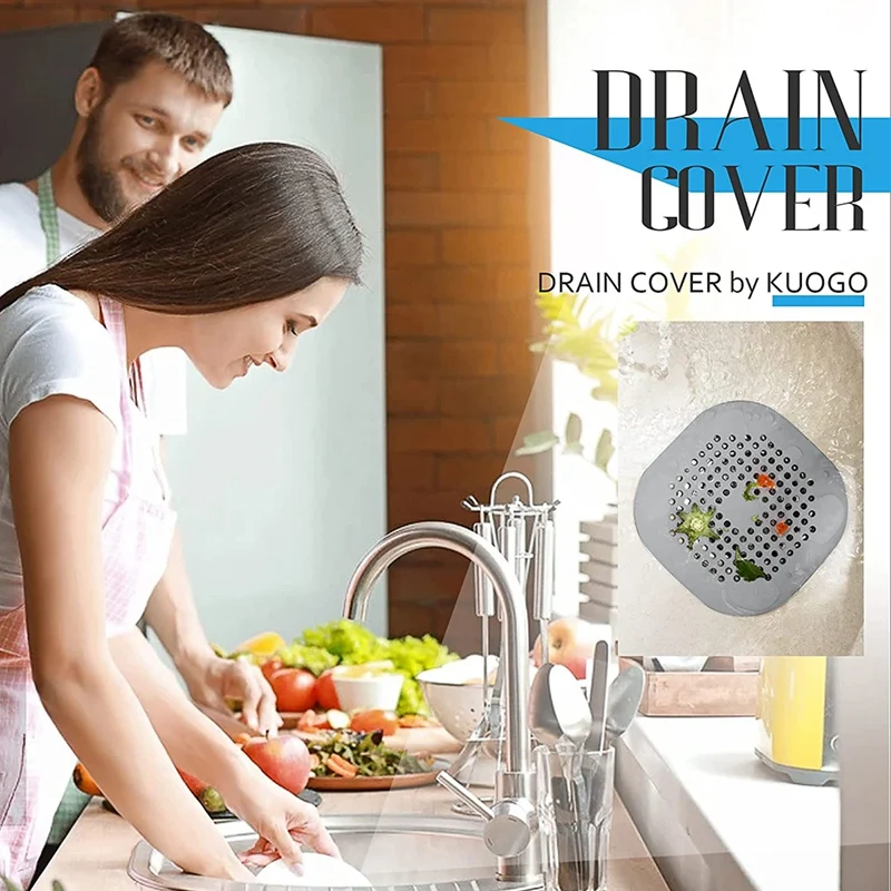 Colector de pelo de drenaje plano, paquete de 5 cubiertas de drenaje cuadradas de silicona con ventosas, trampa protectora para el cabello con filtro de drenaje de ducha