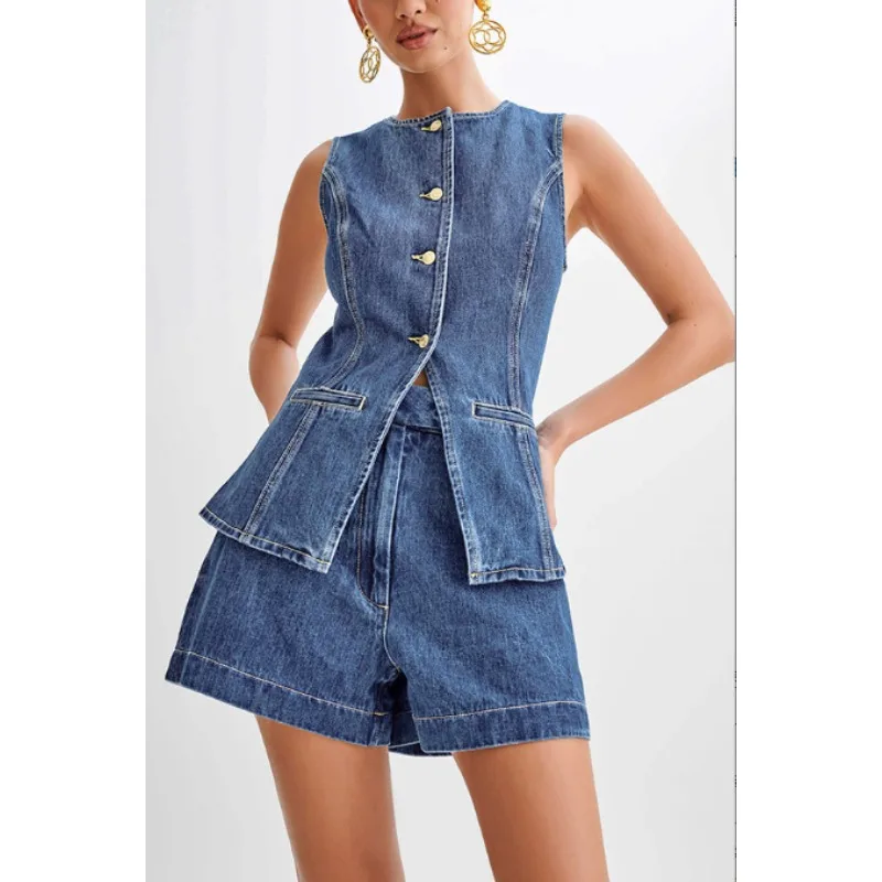 2024 Vintage Casual Denim Suits Back Split Women Sleeveless Button Splicing Slim Jacket Female Two Piece Sets High Waist Shorts