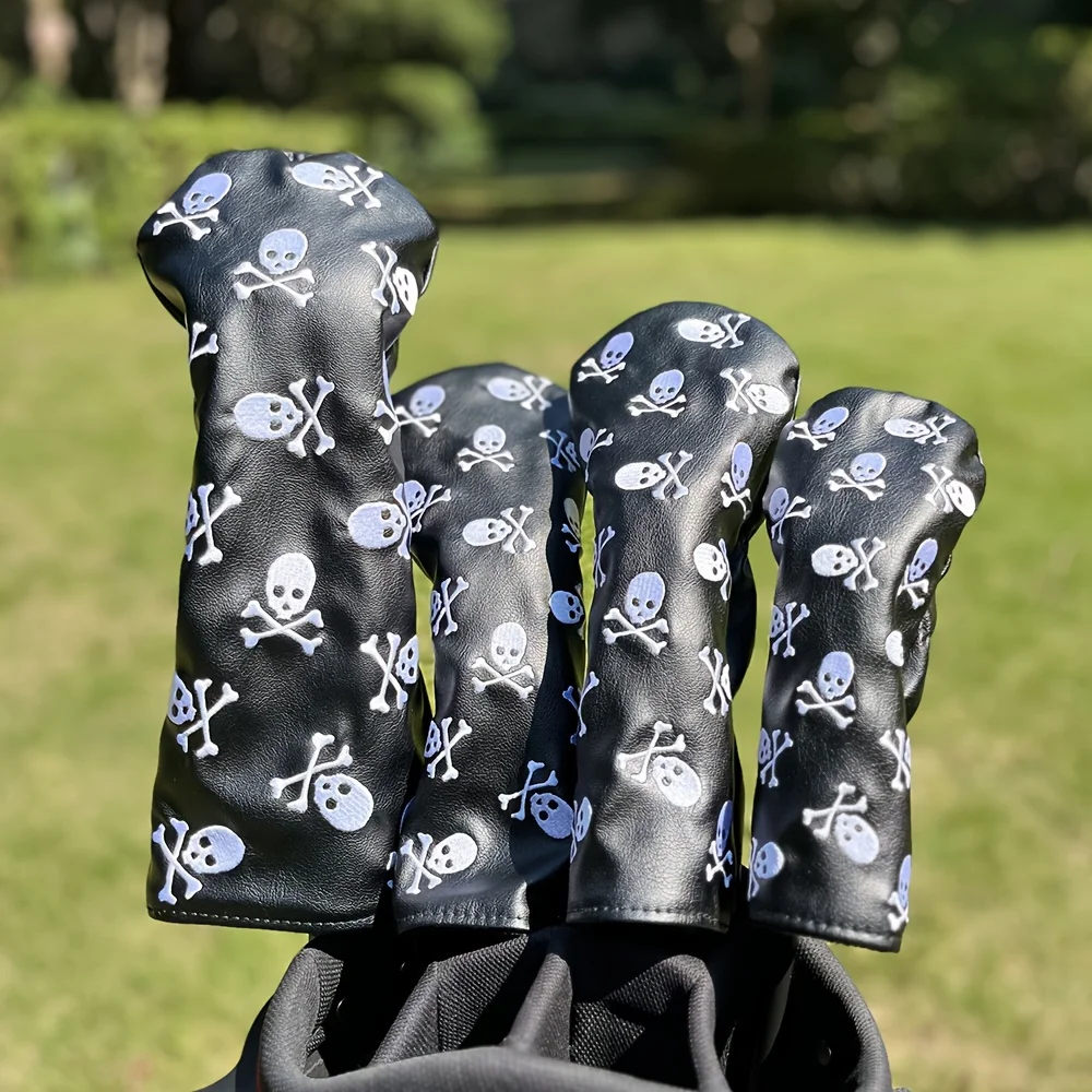 Fashionable Skull Embroidered Pattern Durable Golf Club Head Covers, For Hybrid, Driver, Fairway Wood, Golf Accessories