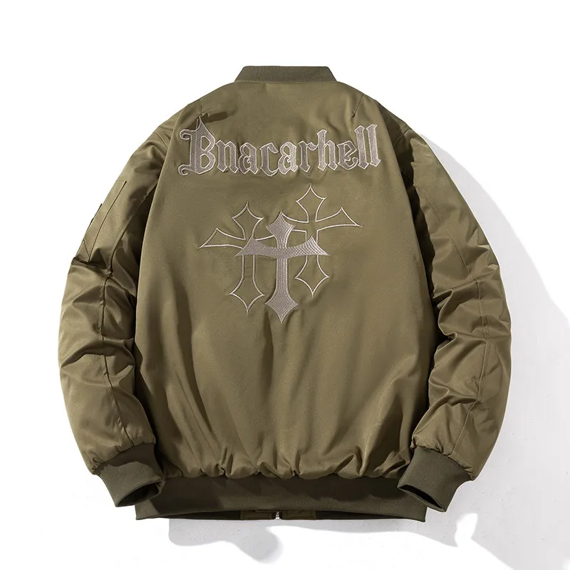 Autumn and Winter Thickening Embroidery Baseball Collar Coat American Pilot Jacket Cotton-Padded Wine Red Unisex Hip Hop