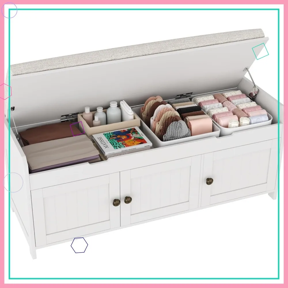 مقعد أحذية قابل للرفع مقاس 41.3 بوصة مع مساحة تخزين، مقعد مبطن للمدخل، غرفة النوم، أبيض #1