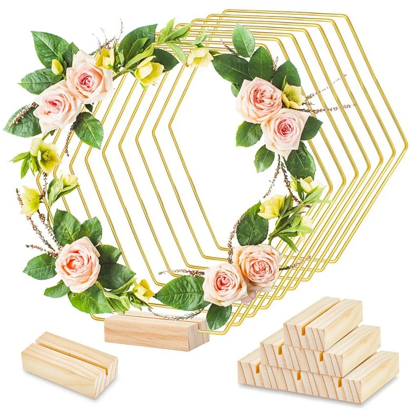 10 Pack Hoop Centerpiece With 10 Wood Place Card Holders Hexagonal Gold Metal For Decorations Wedding Table Crafts