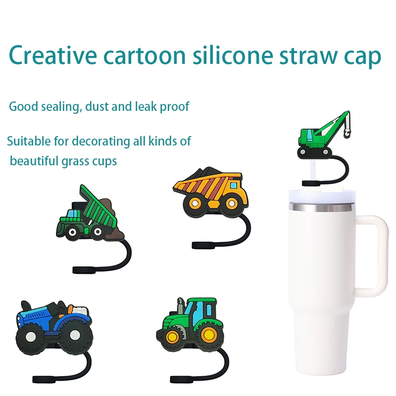 10MM Construction truck Straw Cover  Drink Straw Plug Reusable Splash Proof Drinking Fit Cup Straw Cap Charms Pendant