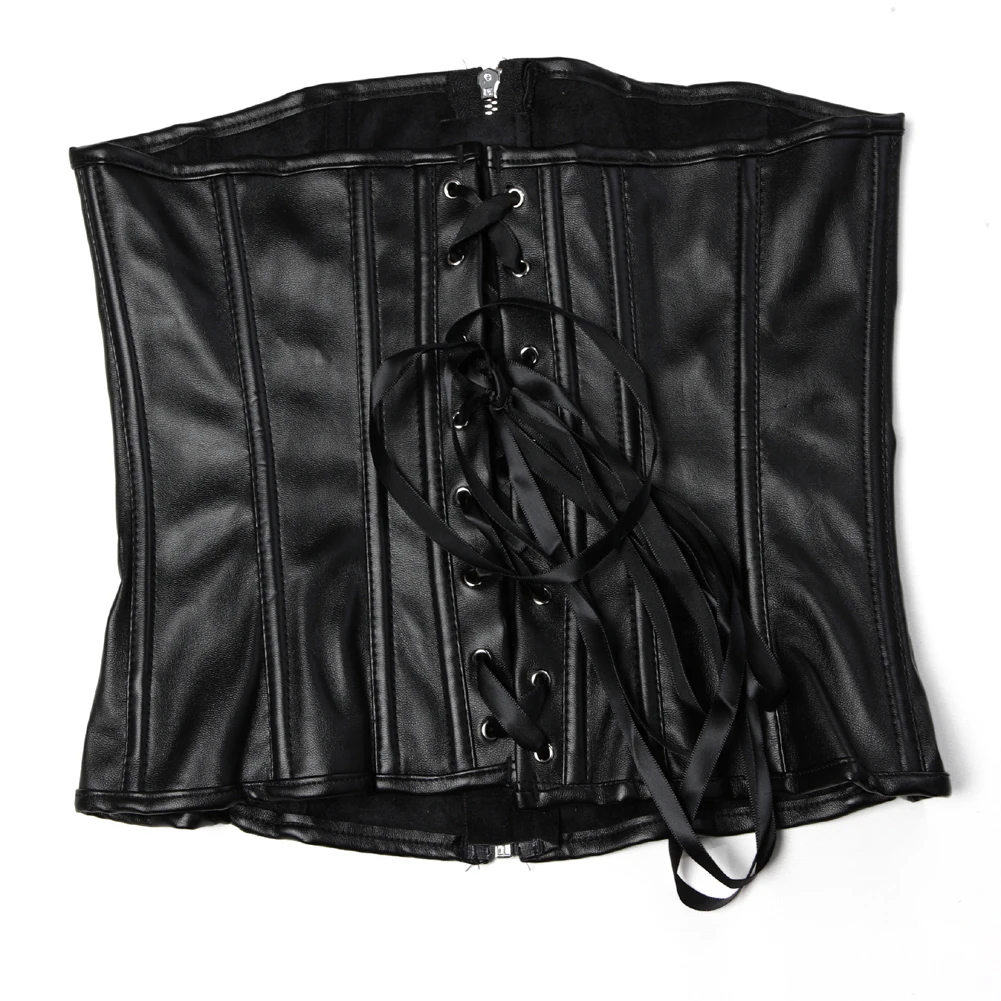 Women's Leather Corset Steampunk Sexy Underbust Zipper Lace Up Corsets Gothic Clothes Waist Corsets Black Bustier Plus Size