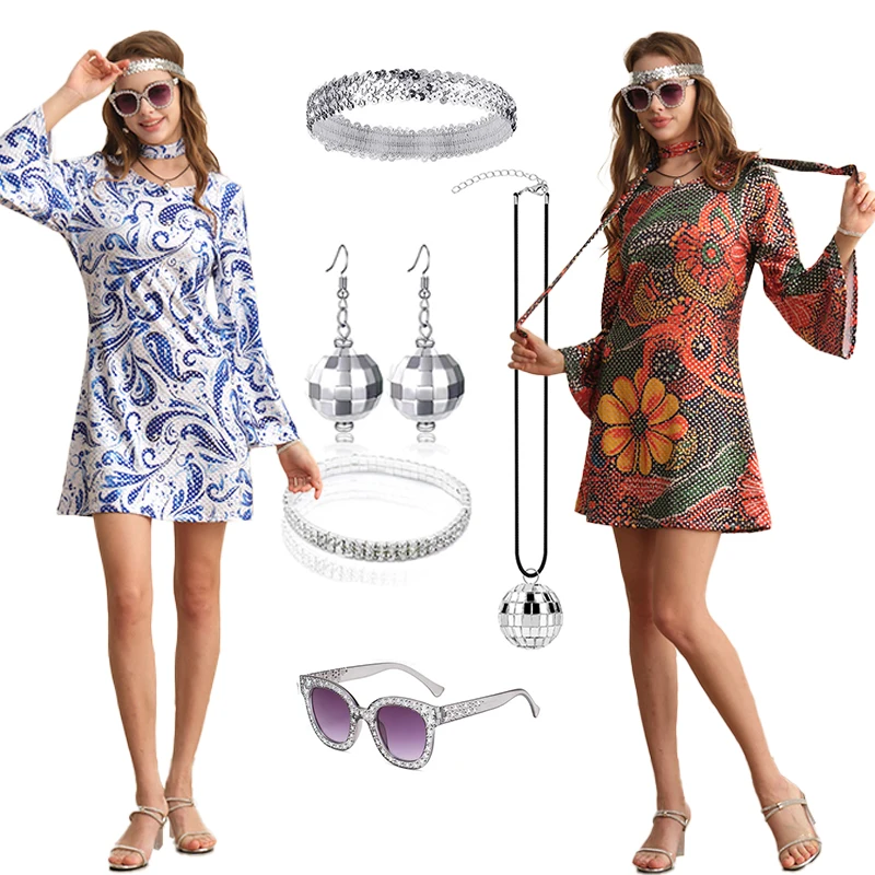 7 قطعة ديسكو الزي الهبي زي المرأة الطباعة ريترو ستايل الملابس فستان علامة السلام اكسسوارات مجوهرات أزياء الهالوين #1