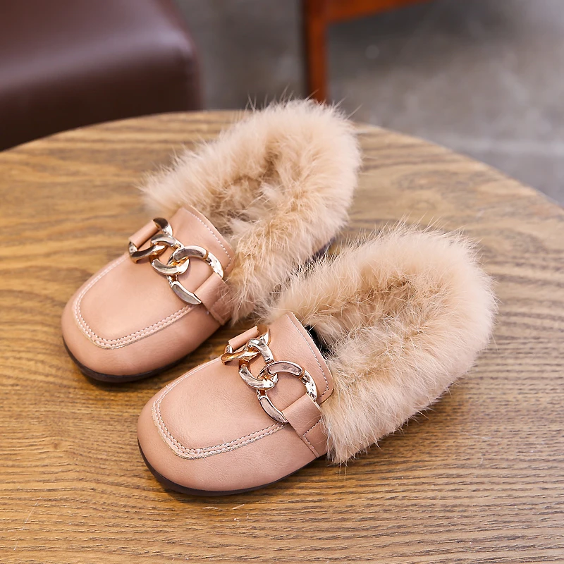 Luxury brand kid fur slippers boot retro antislip cotton shoe boy loafers winter plush kid shoe warm home shoe fashion girl shoe