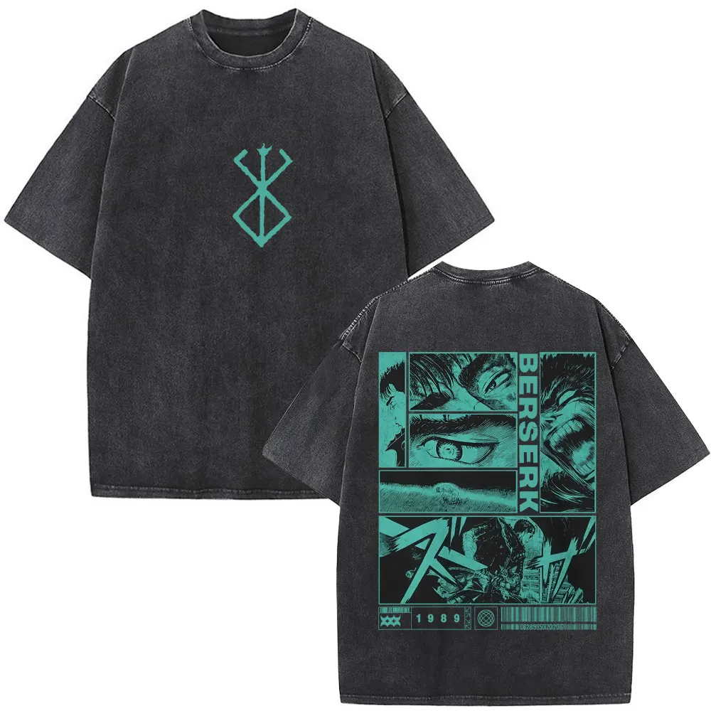 Gewaschene Anime Berserk Guts T-Shirts Schwertkämpfer Gatsu Opfer Zodd Cosplay T-Shirt Übergroße Baumwolle Vintage T-Shirts Streetwear – Detail 2