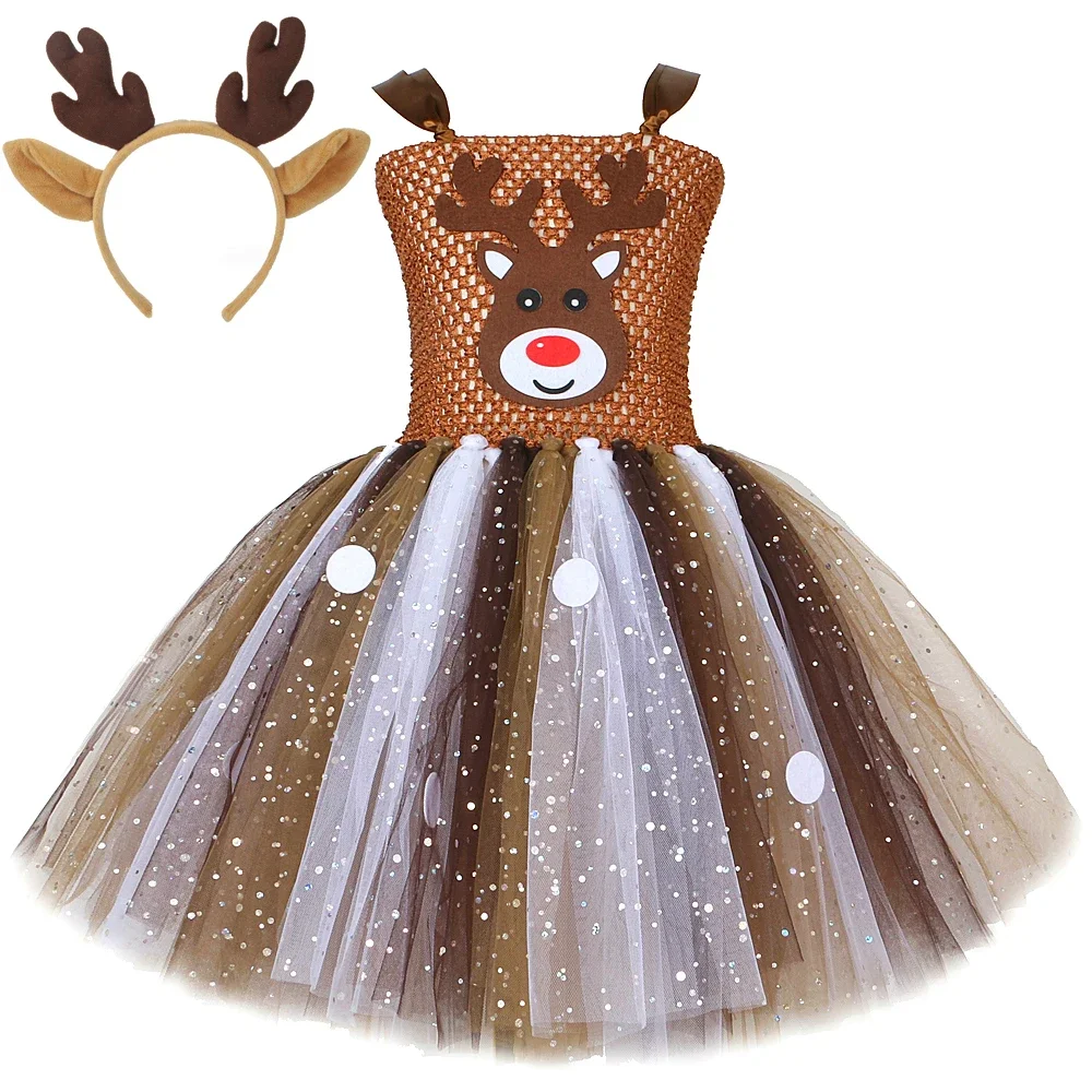 Christmas Reindeer Dress Kids Princess Dress Nylon Sequin Tulle Christmas Reindeer Dress Kids Princess Dress Sling Tutu Skirt