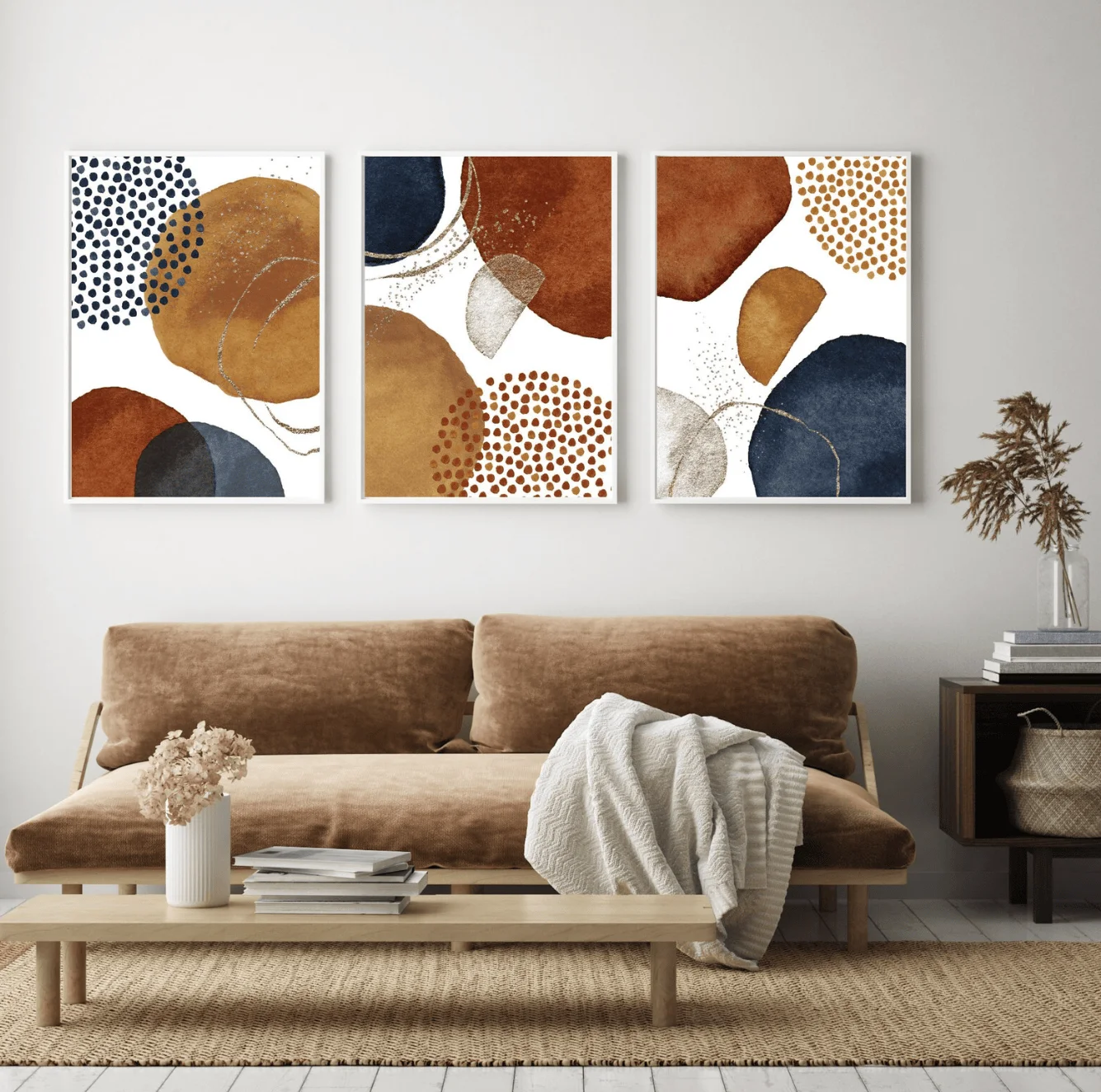 Boho Abstract 3 Panels Wall Art Canvas Prints, Terracotta Circle Posters, Earth Tone Decor for Living Room Bedroom Decor