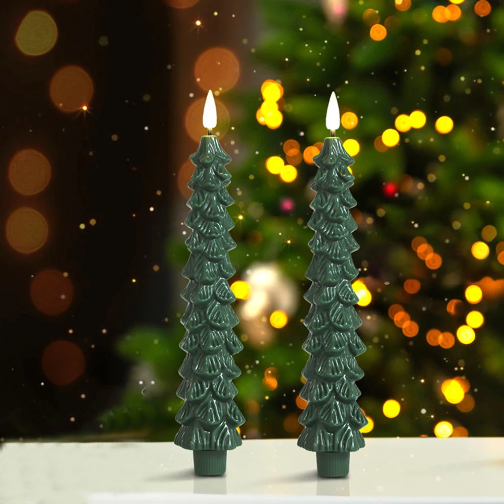 2Pcs Christmas Tree LED Flameless Candles Light with 3D Flame Wick Green LED Candlesticks  Operated forChristmas Home Decoration