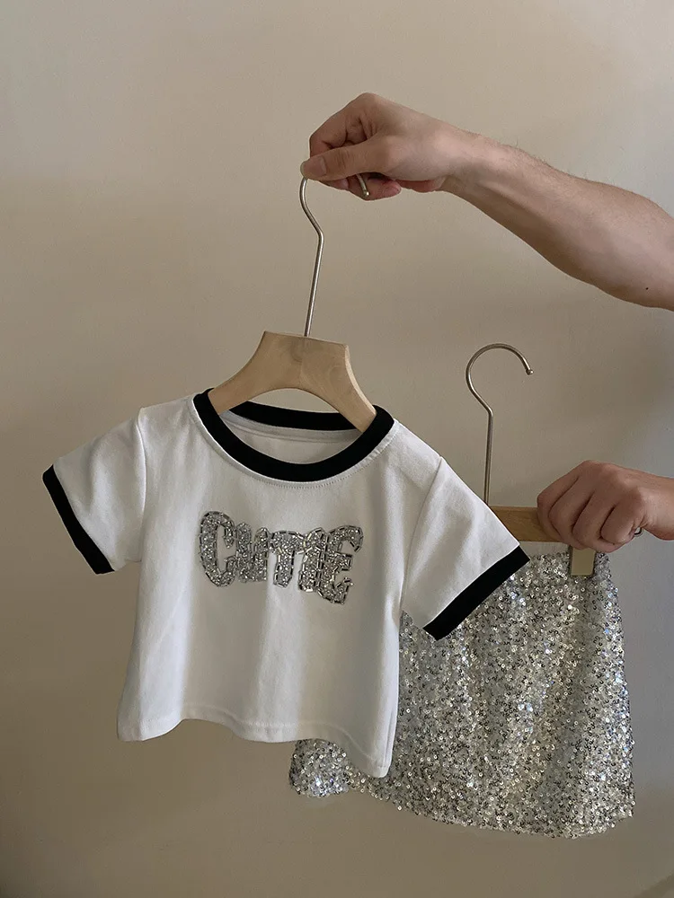 ChimSuit-Veste à lettres en diamant léger pour petite fille, jupe à paillettes assortie, célébrité Internet, document d'été, nouveau, 2021