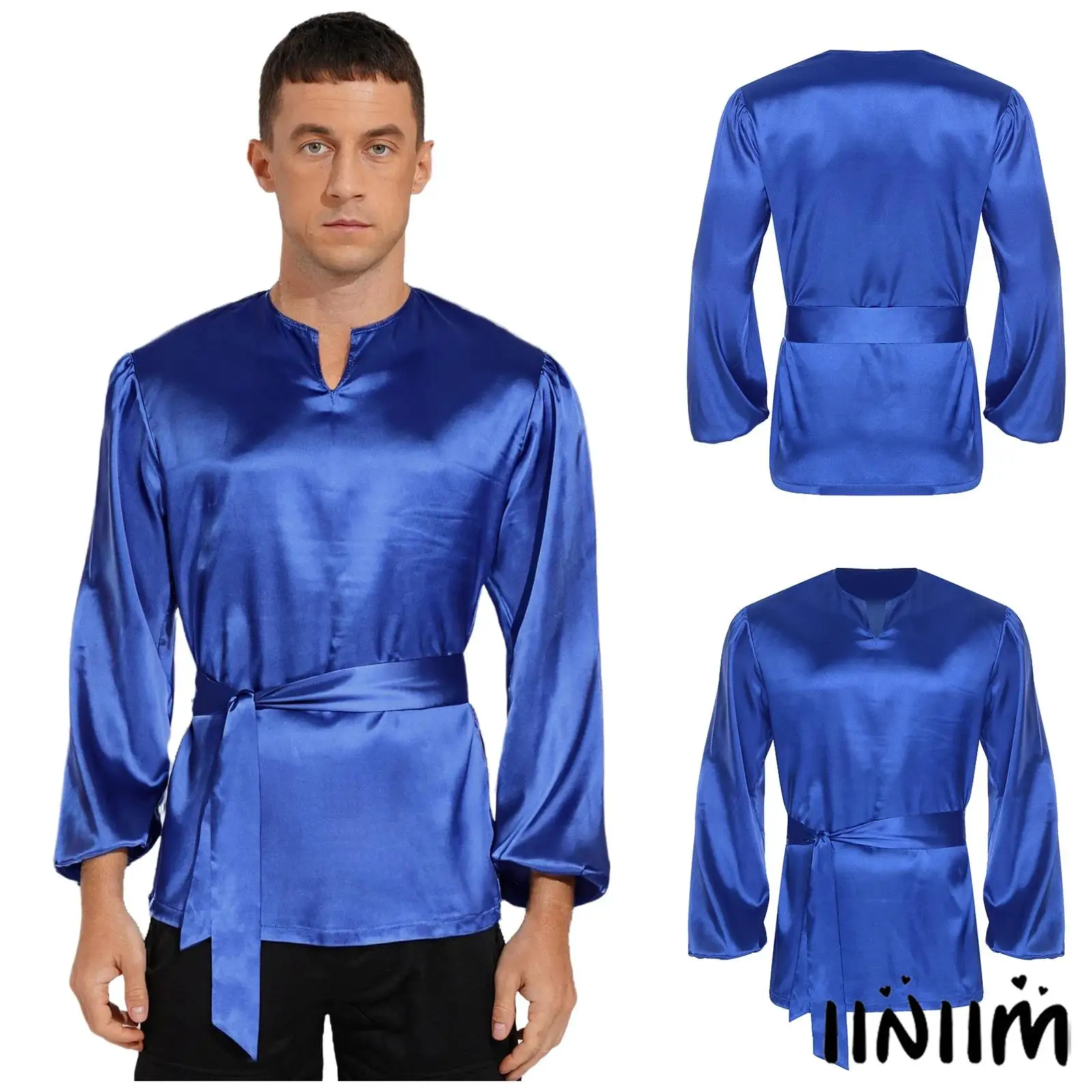 

Mens Ballet Performance Dance Top Satin Long Sleeve Shirt Loose Fit Blouse with Detachable Belt Lyrical Modern Dance Costume