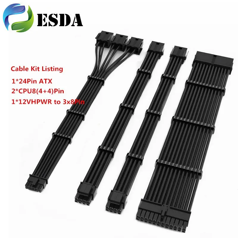 12VHPWR Cable Extension Kit Full White MB 24Pin ATX Dual CPU EPS 8Pin 4+4-Pin 16Pin to 3x8Pin GPU Cable with Free Cable Combs