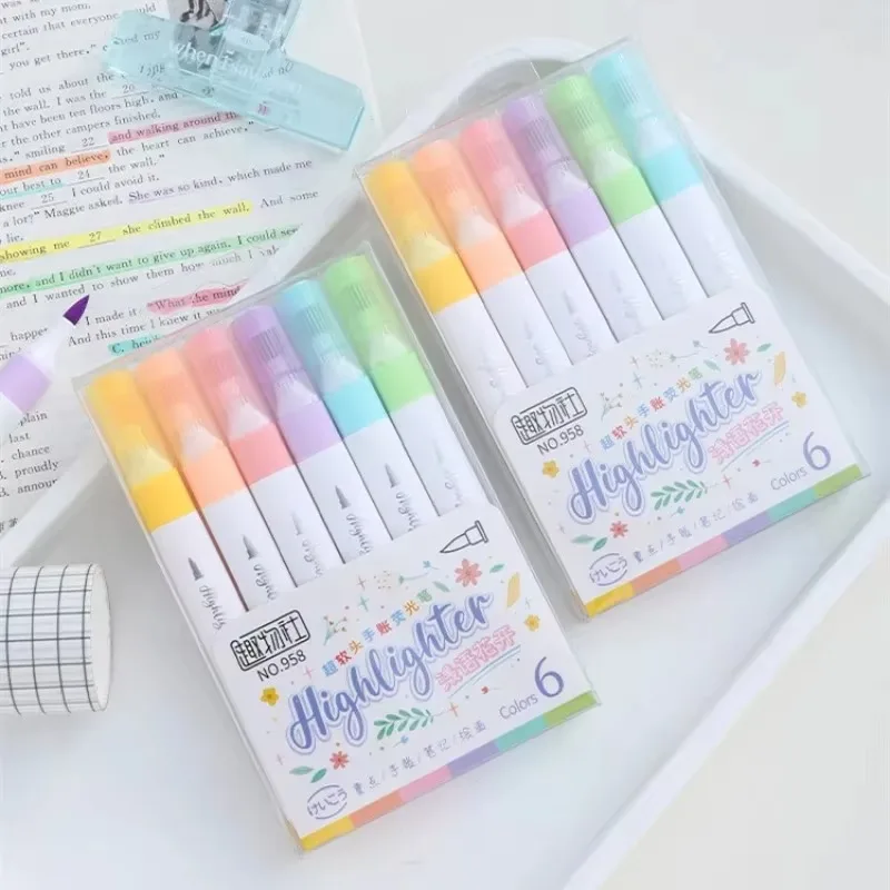 6 Colors Kawaii Pastel Color Highlighter Pen Set Brush Tip Fluorescent Markers Highlighters Pens Painted Stationery Supplies