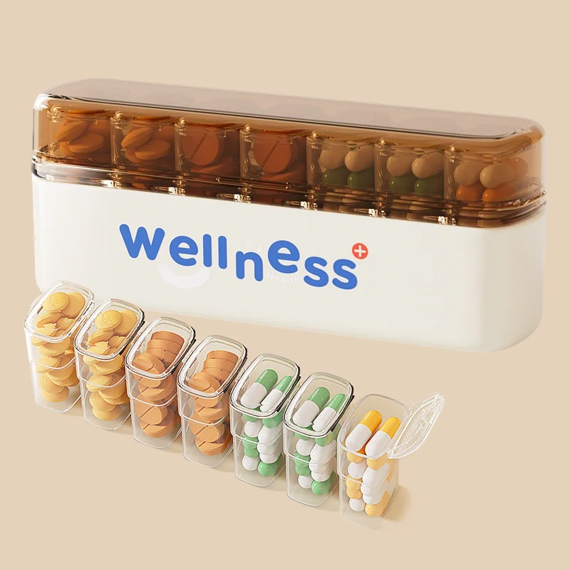 Portable Weekly Pill Box 7 Day, Small Individual Daily Medicine Organizer for Travel, Easy Open Supplement Case for Pills & Caps
