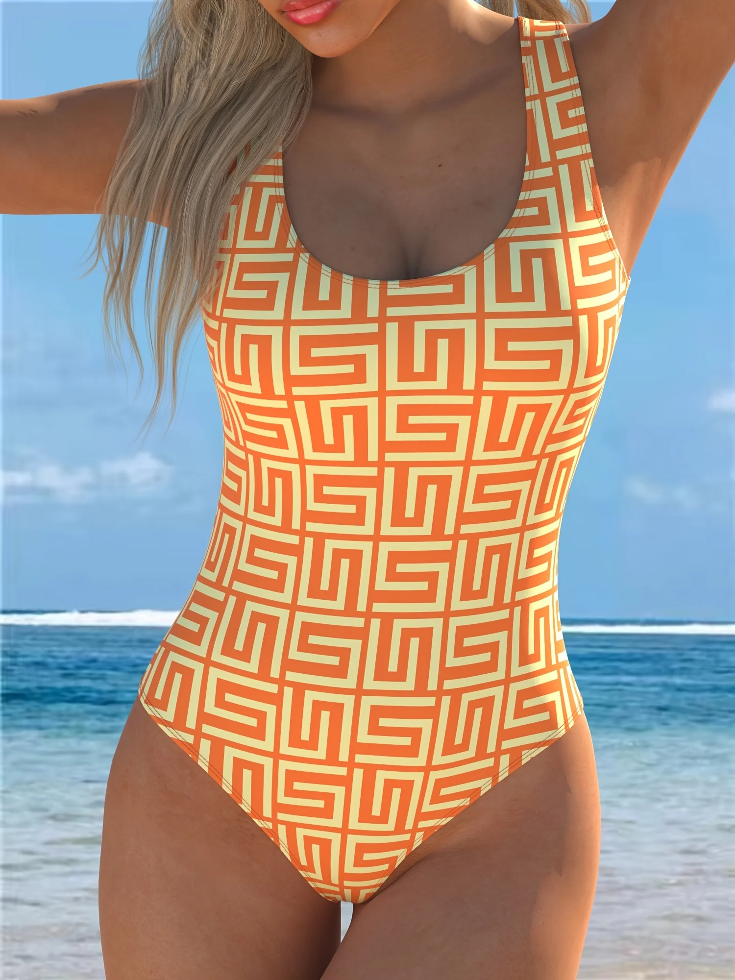 Women'S One-Piece Swimsuit with Striped Print, Round Neck Design, Made of High-Stretch Fabric, Perfect for The Beach And Pool.