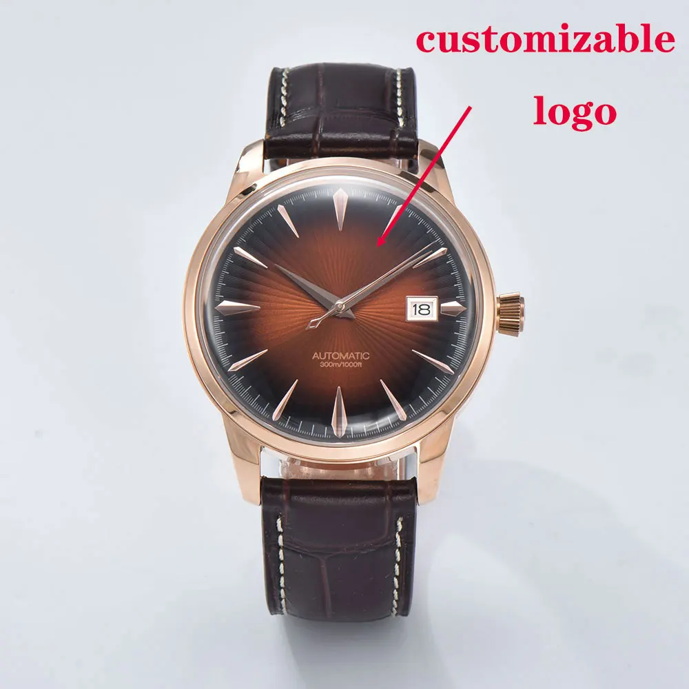 Relógio masculino personalizado de 40mm, relógio mecânico automático com cúpula de vidro mineral, relógio à prova d'água para homens de negócios
