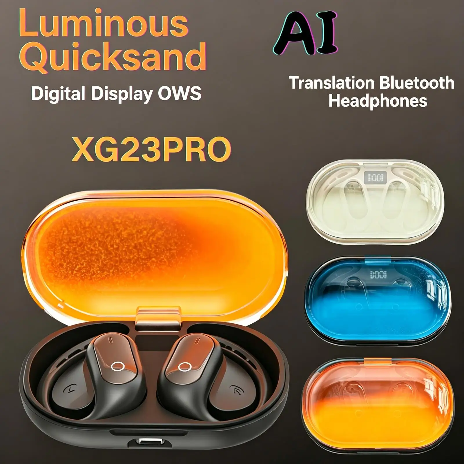XG23 PRO Luminous Quicksand AI Translation Bluetooth Earphones Ear-hook HIFI HD Call Long Battery Life Earbuds For Music Office