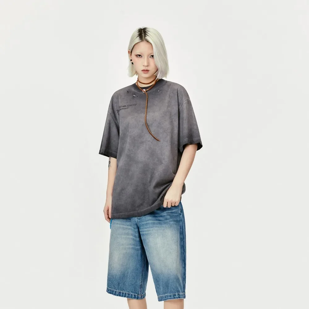 

Washed Frayed Ripped Holes Distressed Oversize T-shirt for Women Men Streetwear Goth Grunge Aesthetic Clothing Summer Tops Tees