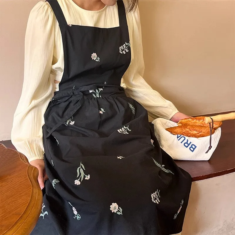 Waterproof Cotton Embroidered Printed Kitchen Apron  Women Cross-back Long Skirt Pleated Pinafore for Cooking Gardening Working